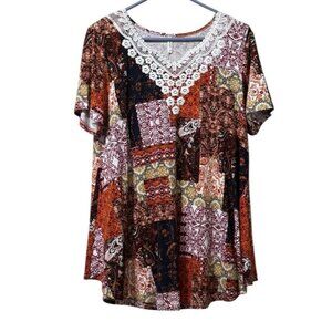 Cathy Women Size Medium Tunic Top Short Sleeve‎ V Neck Lace Stretch Colorful